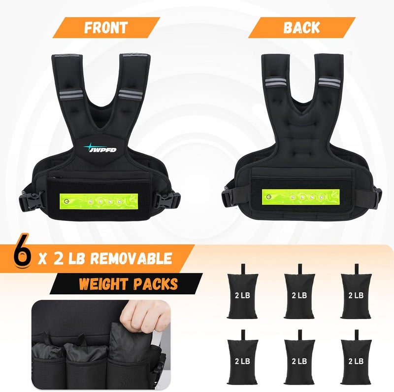 JWPFD Adjustable Weighted Vest for Women Men, 6-15 Lbs/12-18 Lbs Rucking Vest with LED Light Strips, Weight Vest with 6 Ironsand Weights, and Zipper Pocket for Strength Training, Walking, Running - Image 2